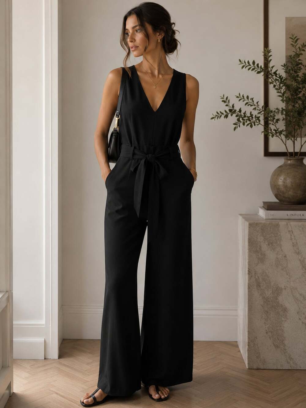 Anthropologie Black Wide Leg Belted Jumpsuit Sleeveless Minimalist Size L